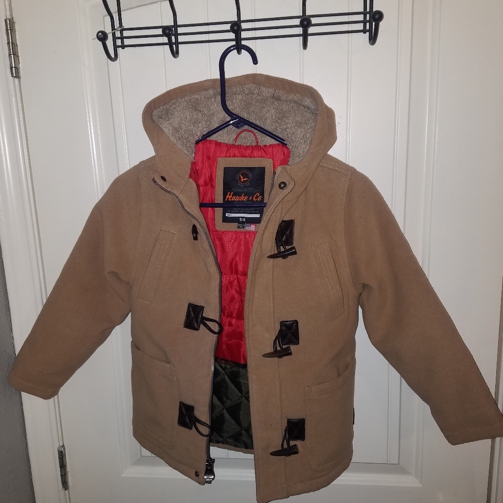 Boys Hawked & CO Camel Hooded Insulated Wool Blend Jacket Coat 5/6.